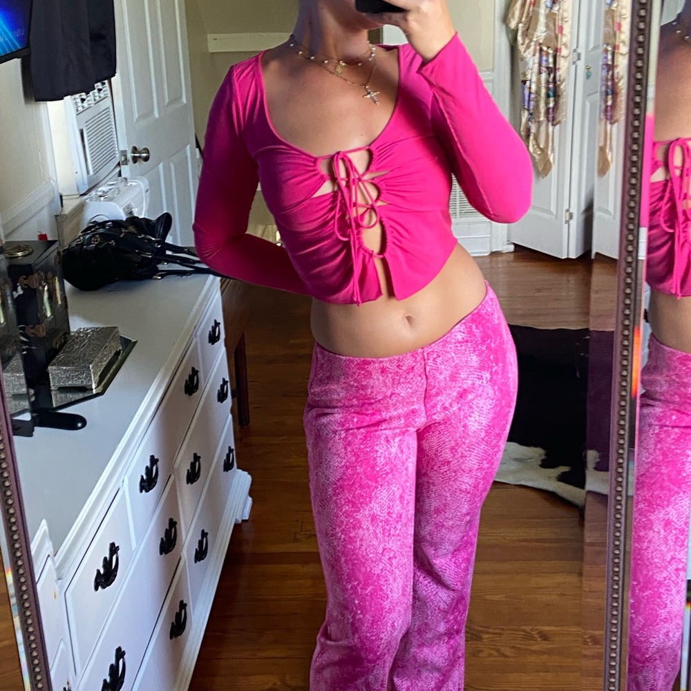 Pink Lace-Up Top and Pants Set
